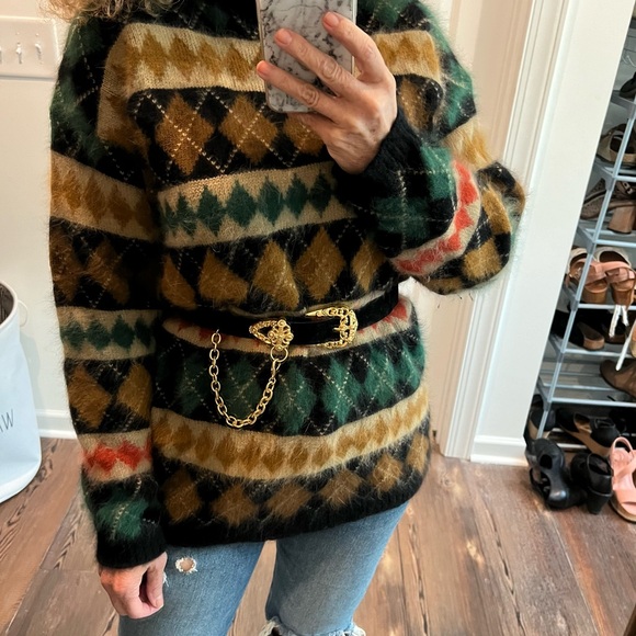 Vintage Angora blend wool argyle black green tan  orange sweater - Picture 1 of 11